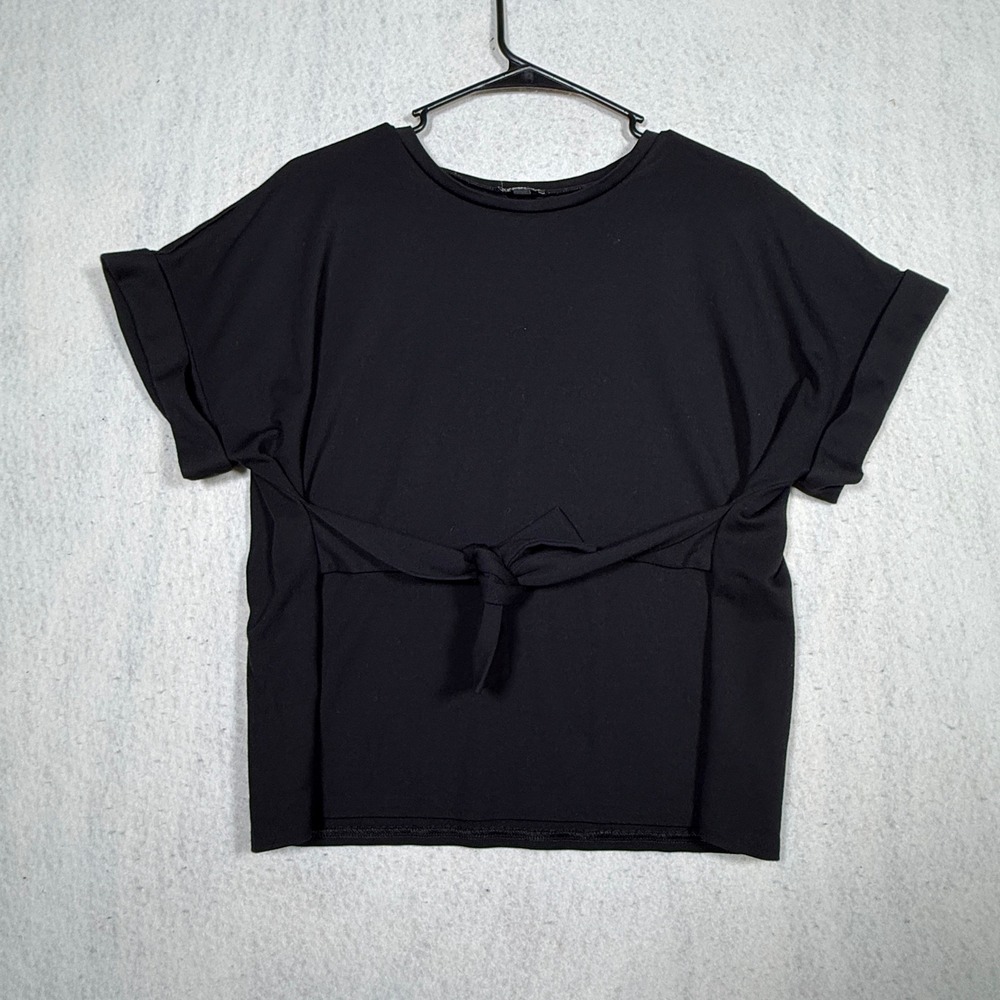 Express Womens Black Front Tie Short Sleeve Cuffed Crew Neck Top Size M